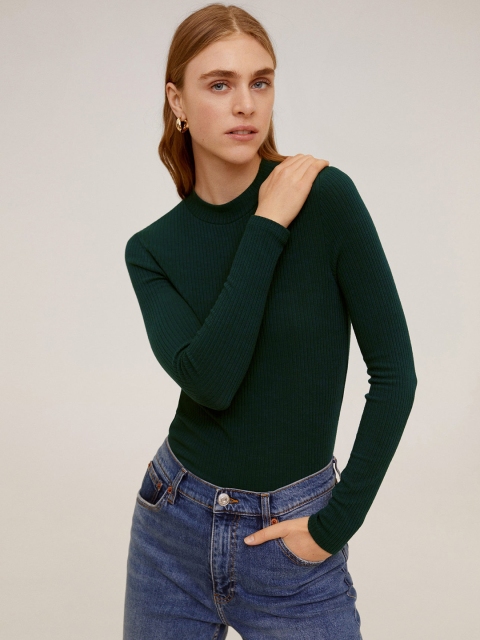 

MANGO Women Green Solid Fitted Top