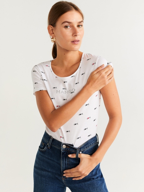 

MANGO Women White & Black Printed Round Neck T-shirt