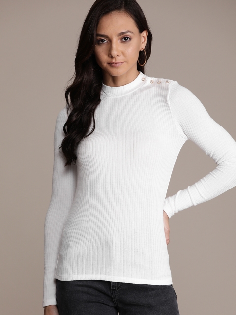 

MANGO Women White Ribbed Fitted Top