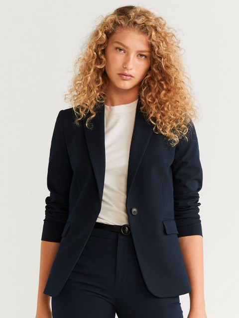 

MANGO Women Navy Solid Single-Breasted Blazer, Navy blue