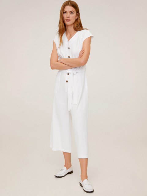 

MANGO Women White Solid Basic Jumpsuit with Belt