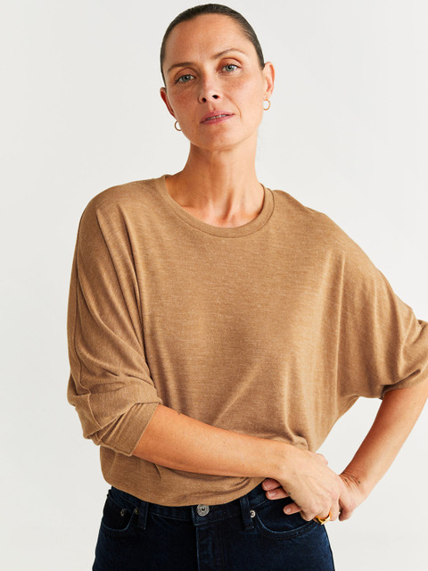 

MANGO Women Beige Solid Round Neck T-shirt