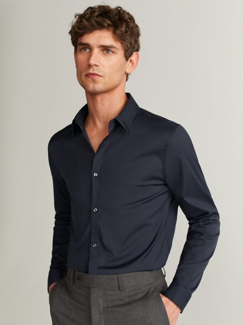 

MANGO MAN Navy Blue Tailored Super Slim Fit Solid Easy Iron Formal Shirt