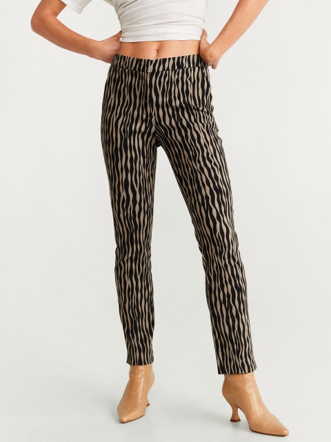 

MANGO Women Beige & Black Slim Fit Animal Print Regular Trousers