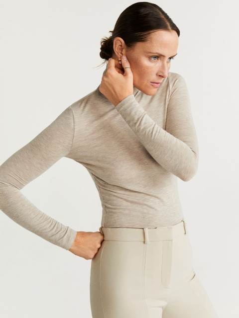 

MANGO Women Beige Solid High Neck T-shirt