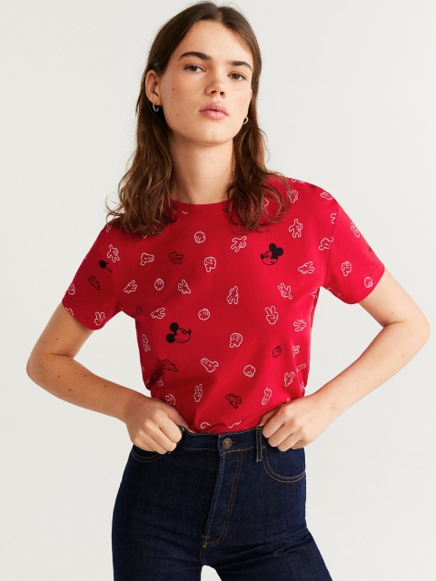 

MANGO Women Red & White Mickey Mouse Print Round Neck T-shirt