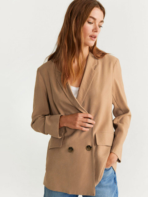 

MANGO Women Beige Solid Double-Breasted Casual Blazer