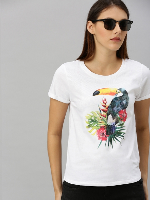 

Pepe Jeans Women White Printed Round Neck Pure Cotton T-shirt