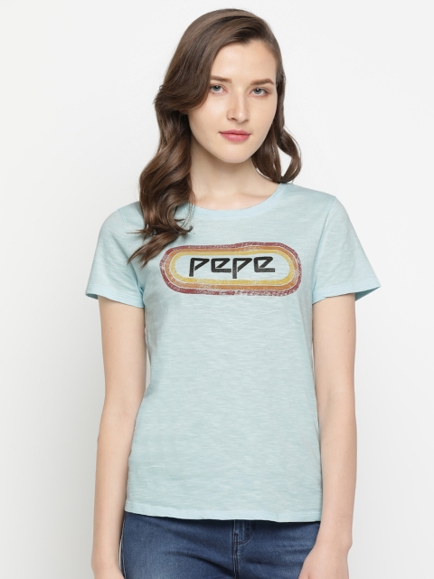 

Pepe Jeans Women Mint Green Brand Logo Print Round Neck Pure Cotton T-shirt