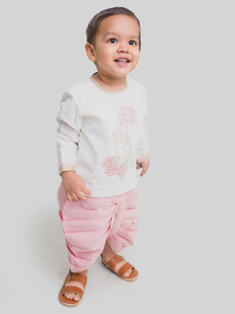 

Tiber Taber Boys Off-White & Pink Embroidered Kurta with Dhoti Pants
