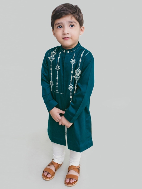 

Tiber Taber Boys Teal Green & White Embroidered Kurta with Pyjamas