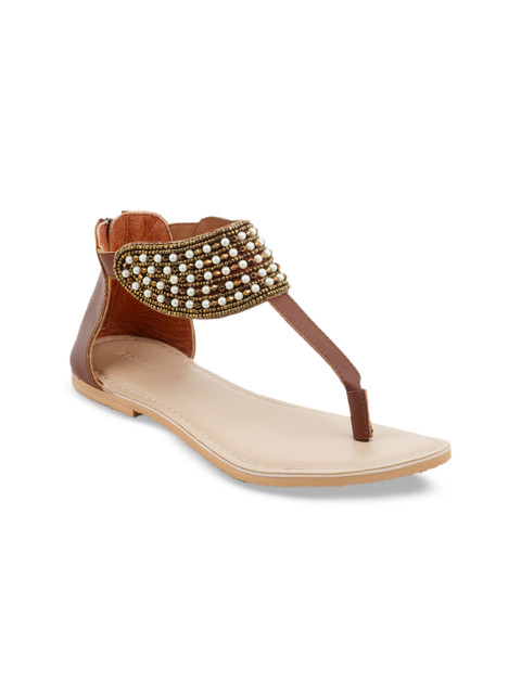 

London Rag Women Tan Brown Embellished Open Toe Flats