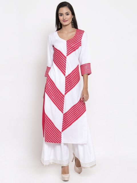 

Aujjessa Women White & Red Striped Kurta with Sharara
