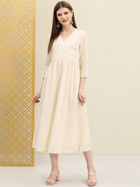 

House of Pataudi Women Off-White Embroidered Wrap Dress
