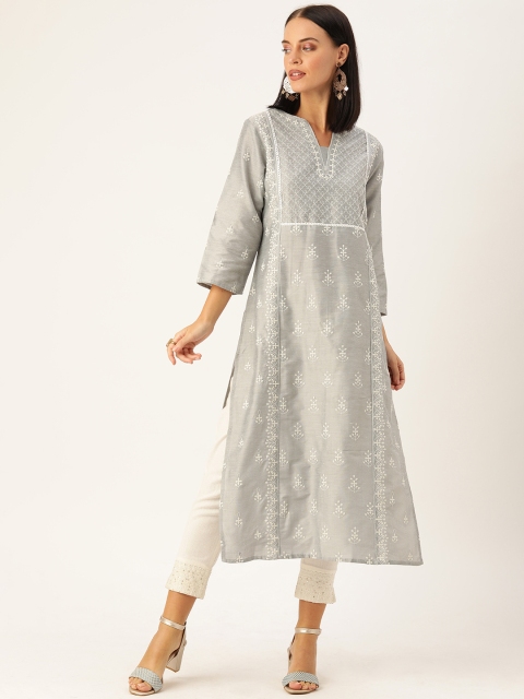 Women Grey & White Embroidered Straight Kurta