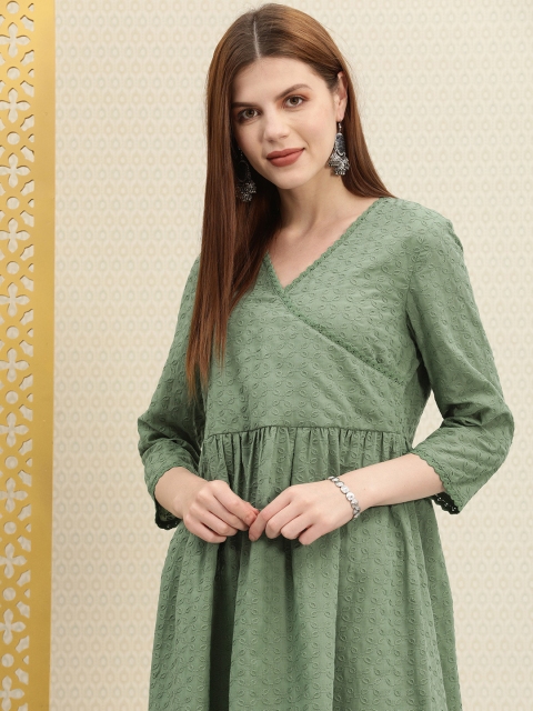 

House of Pataudi Women Green Embroidered Wrap Dress