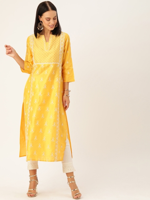 Women Yellow & White Embroidered Straight Kurta