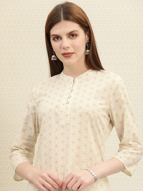 

House of Pataudi Women Off-White & Olive Green Printed Kurta with Trousers