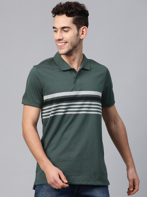 

Mast & Harbour Men Green & Grey Melange Striped Polo Collar T-shirt
