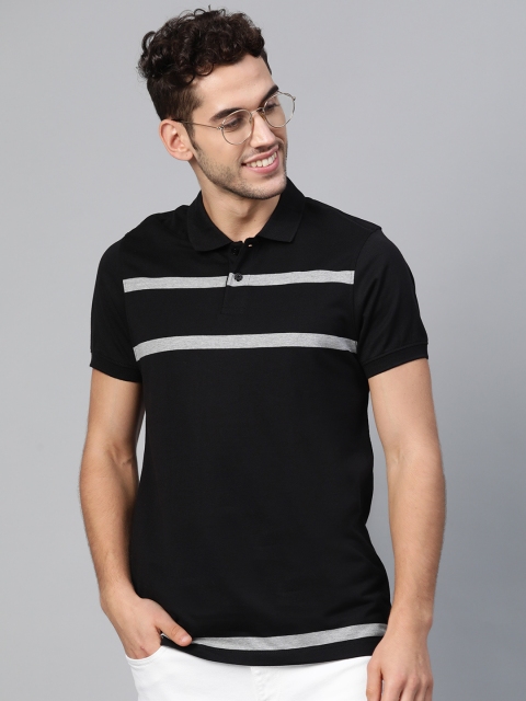 

Mast & Harbour Men Black & Grey Melange Striped Polo Collar T-shirt