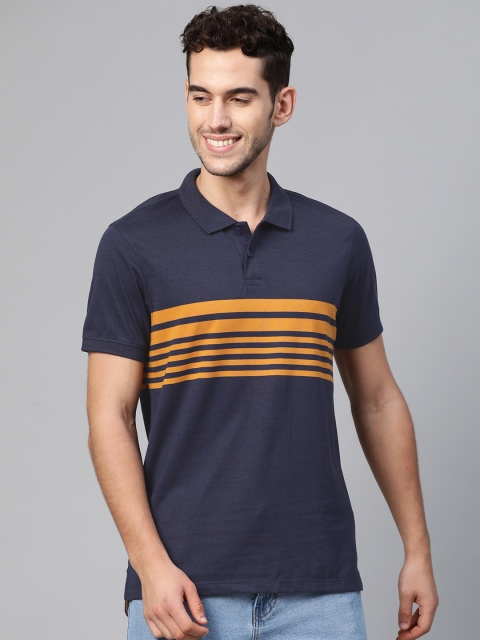 

Mast & Harbour Men Navy Blue & Mustard Yellow Striped Polo Collar T-shirt