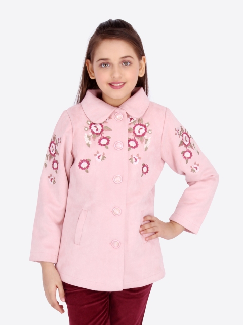 

CUTECUMBER Girls Pink & Green Embroidered Single-Breasted Hip-Length Woolen Overcoat
