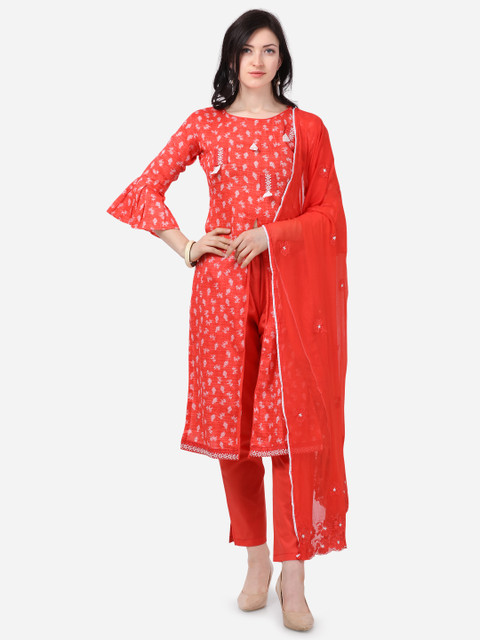 

mf Orange & White Printed Unstitched Dress Material