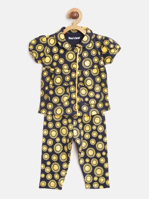 

Moms Love Girls Yellow & Navy Blue Floral Print Night suit