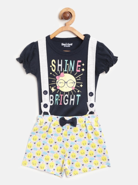 

Moms Love Girls Navy Blue & Yellow Printed Top with Shorts