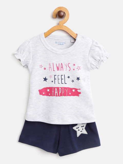 

Moms Love Girls Grey Melange & Navy Blue Printed Top with Shorts