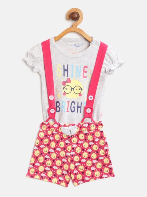 

Moms Love Girls Grey Melange & Pink Printed Top with Shorts