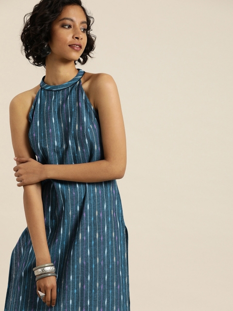 

Taavi Women Blue Ikat Woven Design Straight Sustainable Kurta