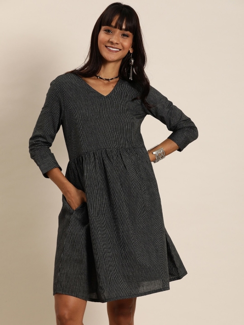 

Taavi Women Black & White Striped Woven Legacy A-Line Sustainable Dress with Insert Pockets
