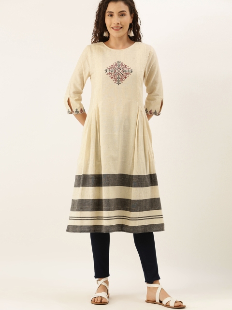 

Taavi Women Off-White & Grey Kasuti Hand Embroidery Striped A-Line Kurta with Pockets