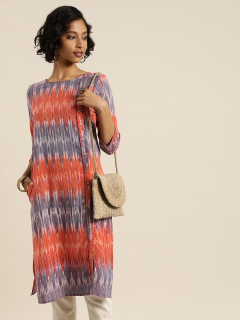 

Taavi Women Orange & Purple Ikat Woven Design Straight Sustainable Kurta