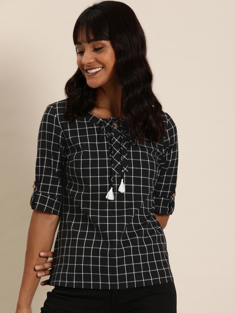 

Taavi Women Black & White Checked Sustainable Pure Cotton Top with Tie-Up Detailing