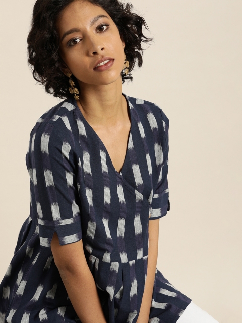 

Taavi Women Navy Blue & White Woven Legacy A-Line Top With Pleated Detailing