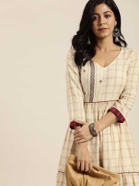 

Taavi Women Beige & Maroon Kasuti Hand Embroidery Checked Sustainable A-Line Kurta