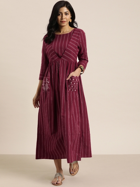 

Taavi Women Maroon & White Kasuti Hand Embroidery Sustainable Striped A-Line Dress