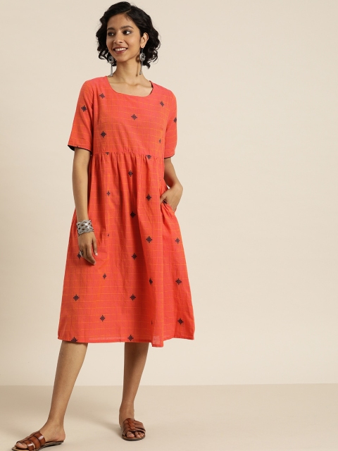 

Taavi Women Coral Orange Woven Legacy A-Line Sustainable Dress with Pockets