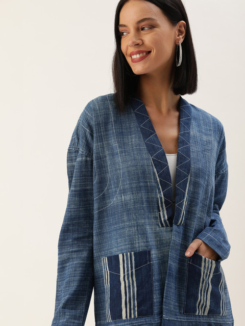 

Taavi Women Indigo Dyed & Hand Block Print Open Front Patchwork Sustainable Jacket with Frayed Hem, Navy blue