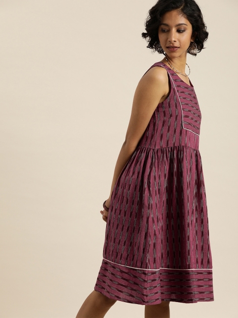 

Taavi Women Burgundy Woven Design Ikat A-Line Sustainable Dress with Gathers Detail