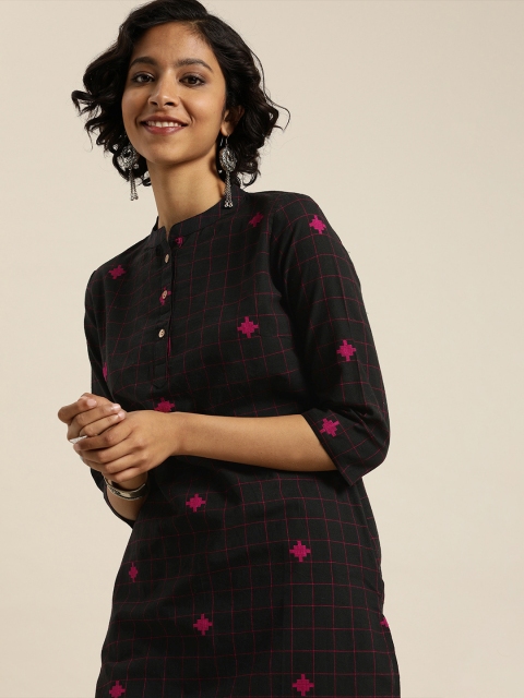 

Taavi Women Black & Magenta Checked Woven Legacy Straight Kurta with Pockets
