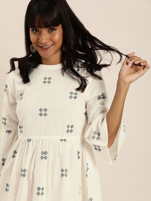 

Taavi Women White & Black Self-Design Woven Legacy A-Line Sustainable Dress with Flared Sleeves