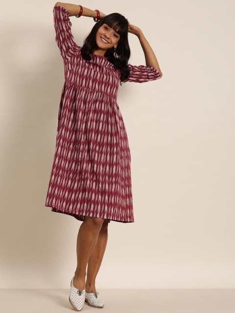 

Taavi Women Maroon & White Striped Woven Legacy A-Line Sustainable Dress with Insert Pockets