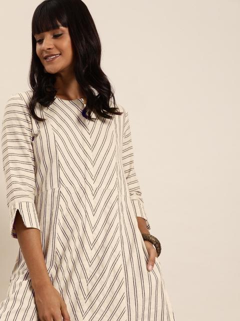 

Taavi Women Off-White & Black Striped A-Line Sustainable Dress with Full Button Closure