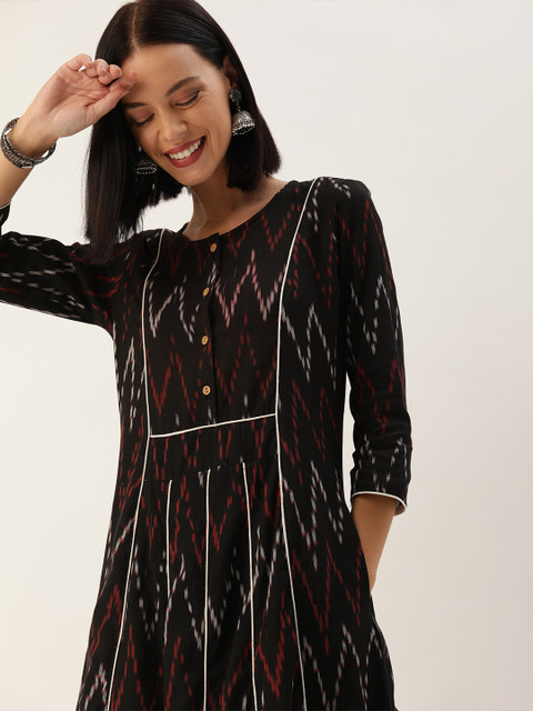 

Taavi Women Black & White Woven Design Ikat A-Line Sustainable Kurta with Pocket