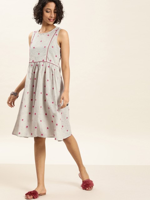 

Taavi Women White & Black Striped Woven Legacy A-Line Sustainable Dress with Pockets & Gathers