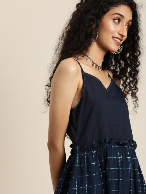 

Taavi Women Blue Checked Woven Legacy Fit & Flare Sustainable Dress with Pockets