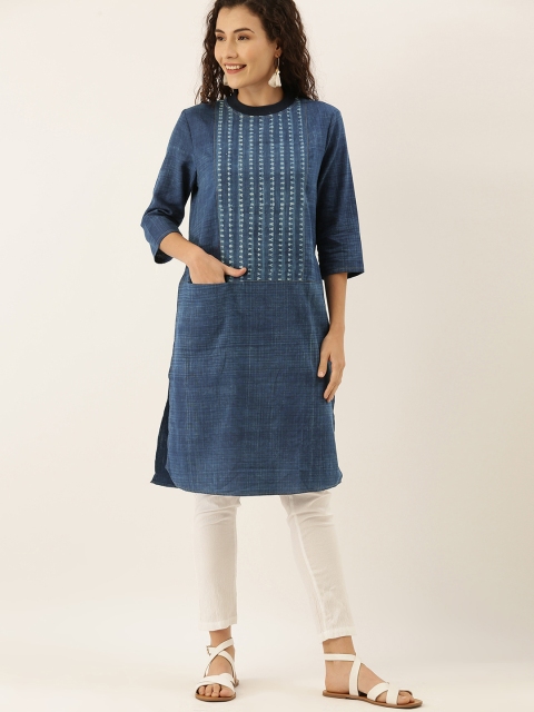

Taavi Women Blue Indigo Dyed & Hand Block Print Patch Kurta with Rib Knit Collar & Pockets